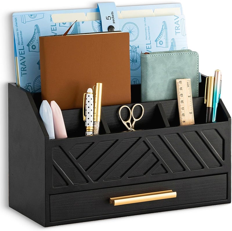 dreampossible Black Wood Desk Organizer and Accessories with Drawer, Bill Mail Organizer and File Mail Holder for Office Supplies, Modern Desk Accessories & Workspace Organizers for Desk Organization - Image 1